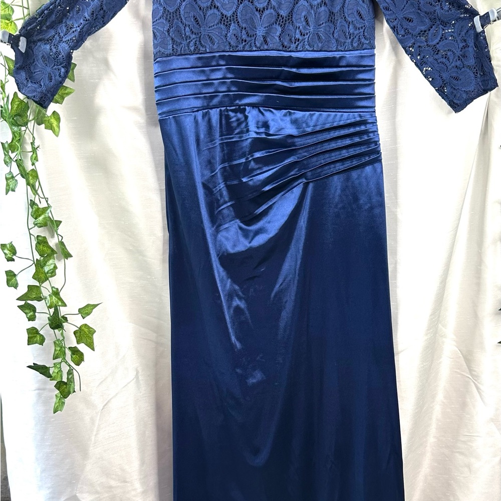 NWT Miusol Womens Lace Bodice Satin Ruched Mermaid Evening Dress Navy Blue Large - Picture 6 of 12